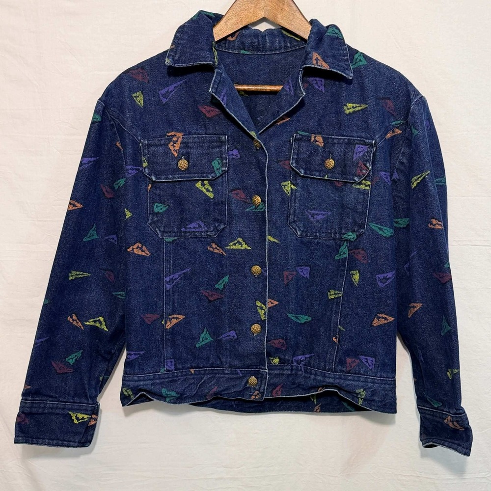 Vintage Denim Jacket Womens Blue Geometric Print Vintage Y2K Boho Trucker Coat